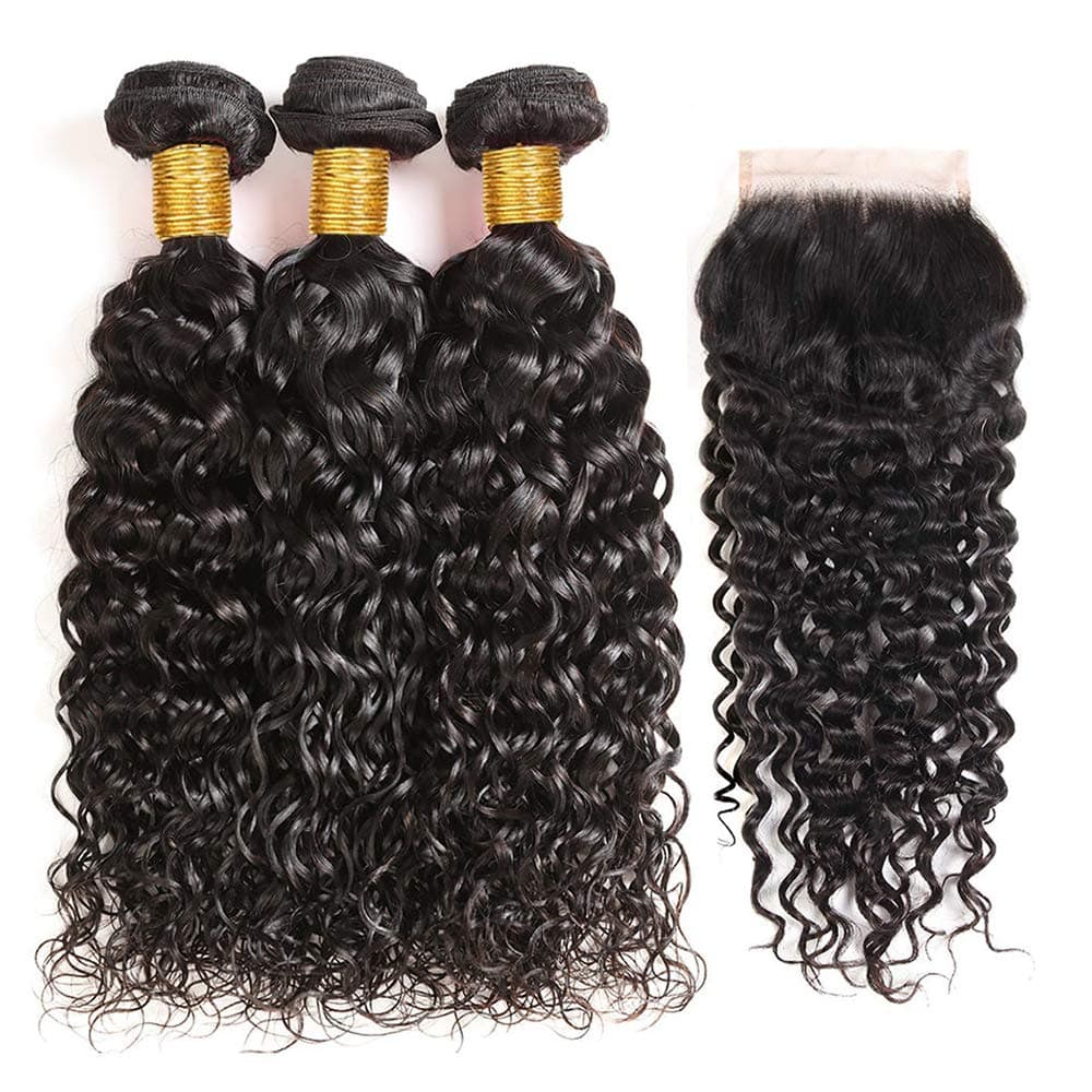 ULOVE HAIR 9A Brazilian Water Wave 3 Bundles with Lace Closure 100% Unprocessed Brazilian Virgin Human Hair Water Weave 3 Bundles with 4x4 Lace Closure Natural Color(20 22 24+18"closure)