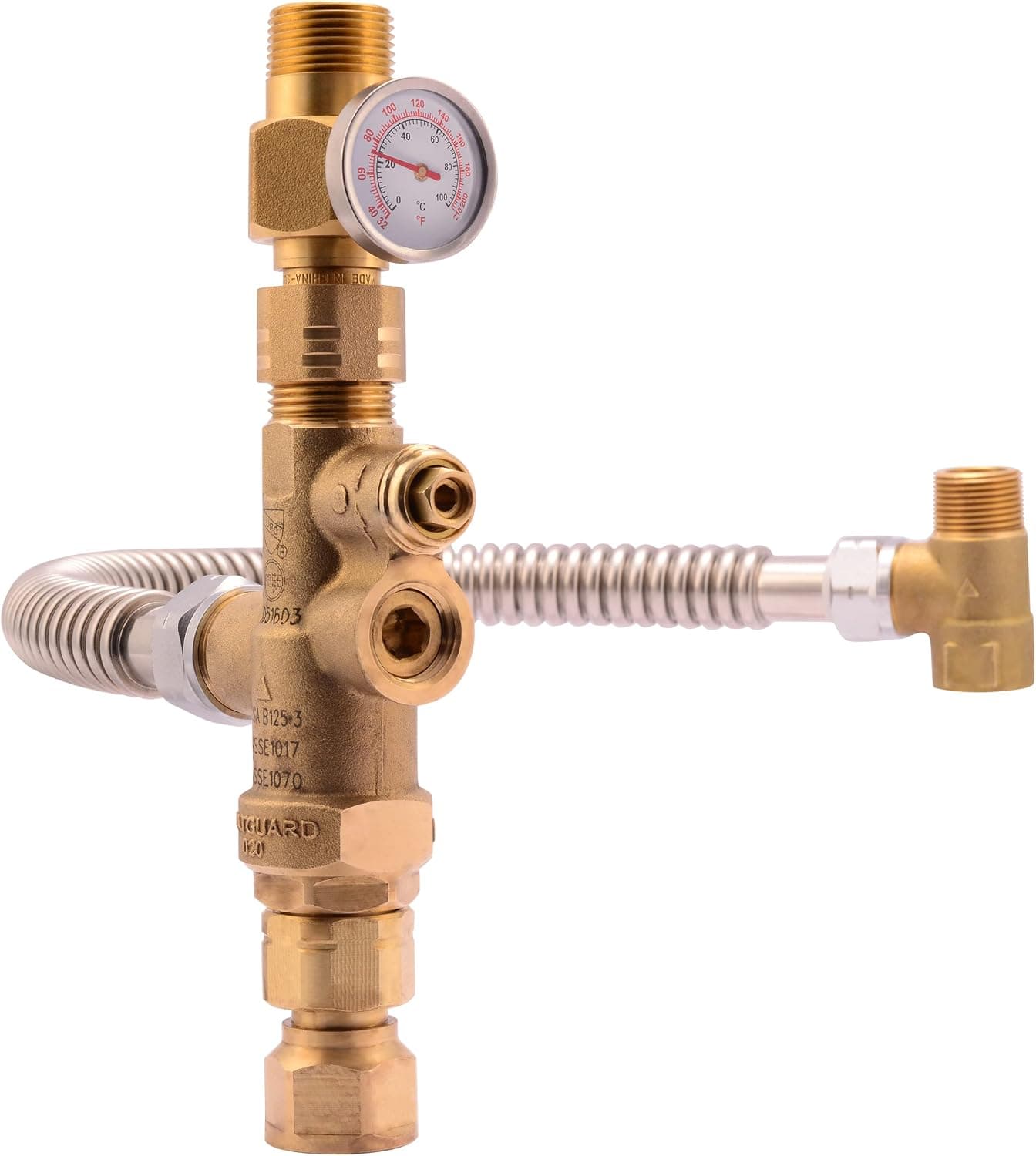 Cash Acme 3/4 Inch Tank Booster Water Heater with Thermostatic Mixing Valve, Temperature Gauge, Corrugated Hose, Domestic and Commercial Application, PEX Pipe, PE-RT, CPVC, Copper, 24643