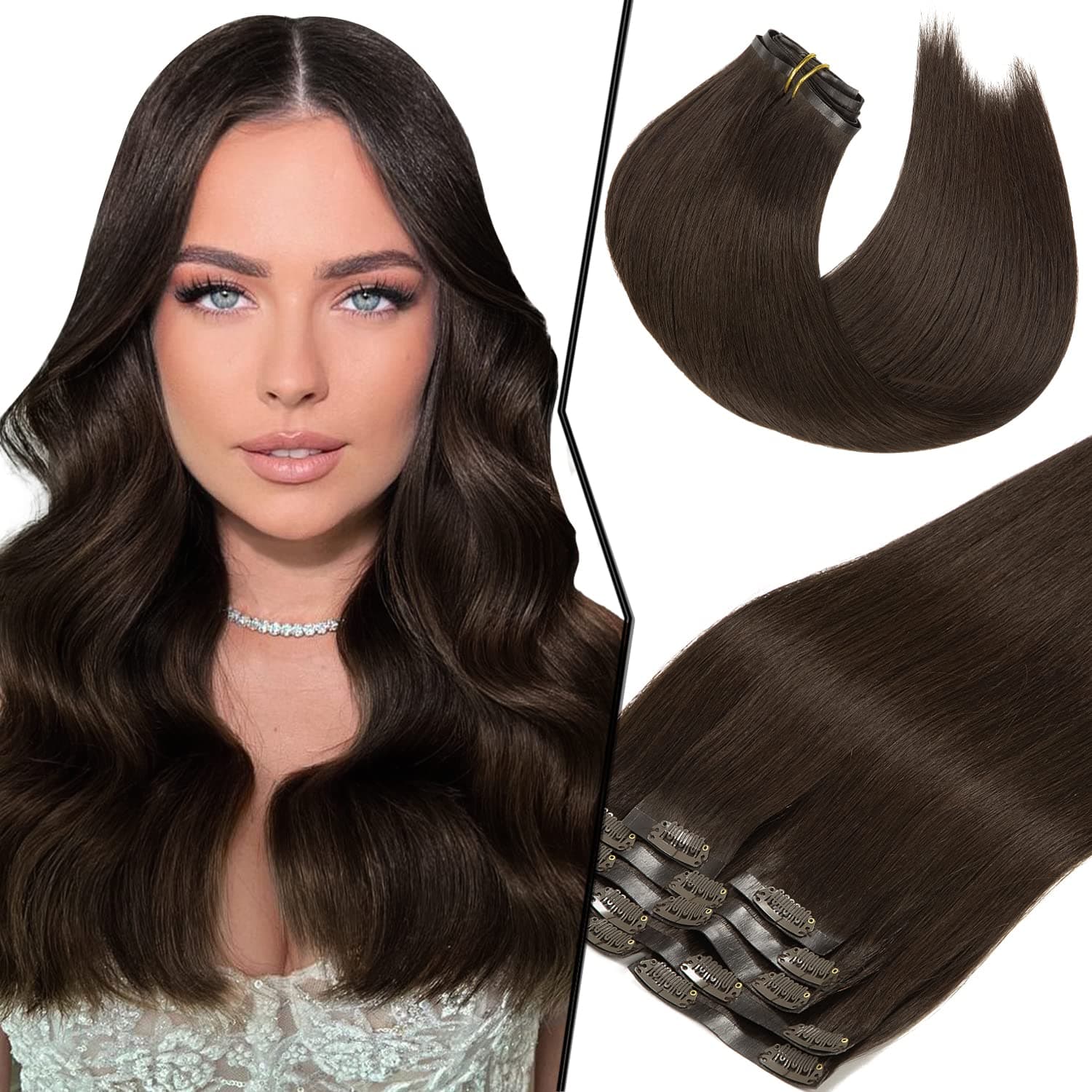 SEREIN Invisible Double Weft Clip in Human Hair Extensions Thick Straight Real Hair Extensions Clip in Human Hair Seamless Clip in Hair Extensions Human Hair 20 inch Darkest Brown Hairpieces 7pcs 110g #2