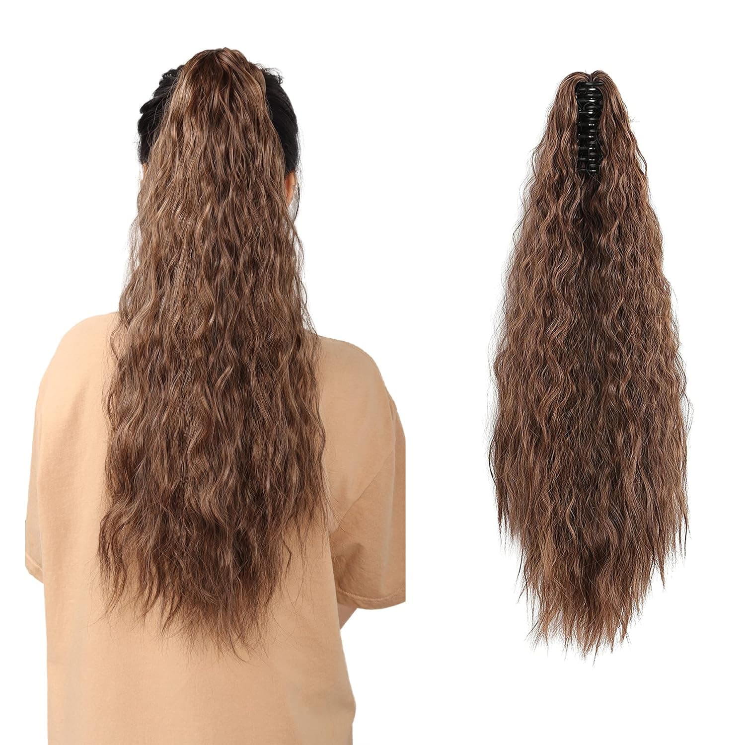MEIRIYFA Long Corn Wave Ponytail Extension Brown Color Claw Clip Ponytail Hair Synthetic Hairpieces for Women 22Inch (Brown)