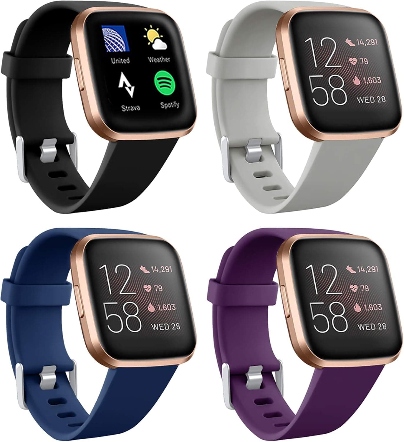 Maledan 4 Packs Bands Compatible with Fitbit Versa 2/Versa 1/Versa Lite Smart Watch, Soft Silicone Sport Strap Replacement Band for Women Men, Black/Gray/Blue/Plum, Small