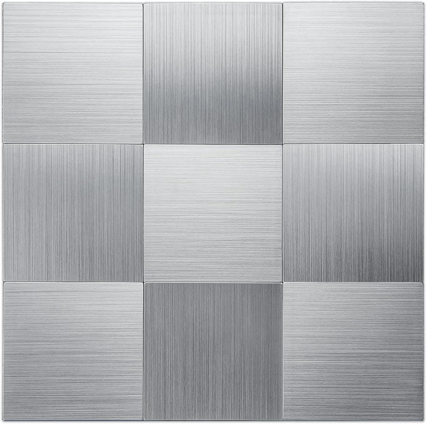 LK 10pcs Premium Self-Adhesive Metal Tiles - Peel and Stick Backsplash Tiles for Kitchen, 12"x12", Silver