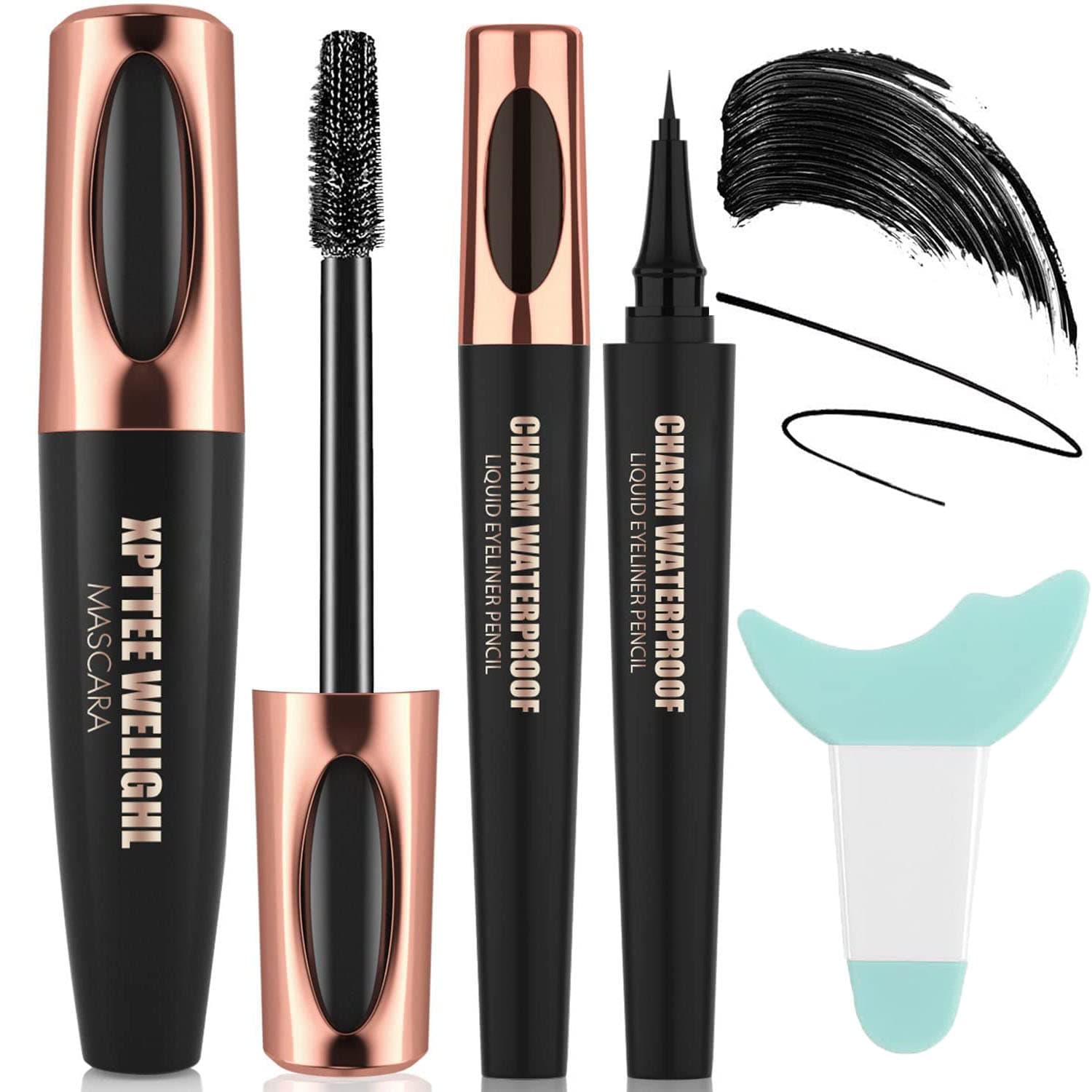 4D Silk Fiber Lash Mascara & Eyeliner Kit,Black Silk Fiber Lash Mascara Waterproof & Smudge-Proof, Lengthening Natural Extension Mascara Liquid Eye Liner,Long-Lasting No Flaking(Black Set)