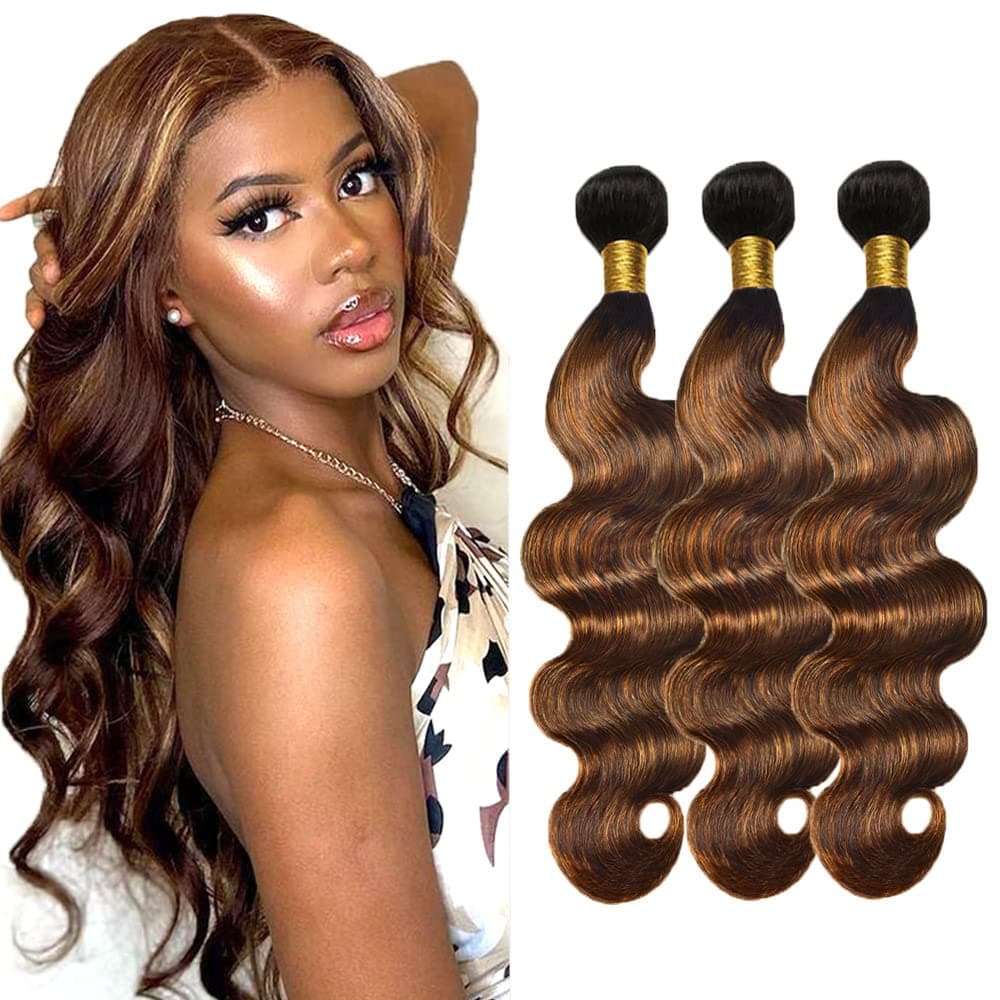 Ombre Bundles Body Wave Highlight Bundle Human Hair Weave Virgin Body Wave Hair 3 Bundles 16 18 20 Inch P4/30 Human Hair Bundles Brown and Blonde Color Brazilian Body Wave Human Hair Extensions