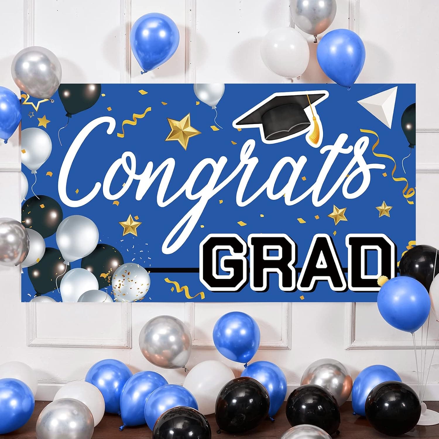 Bunny Chorus Graduation Decorations 2022 Party Backdrop Banner, Extra Large 71" x 40" Blue Black Balloon Photo Booth Props Decorations, Congrats Grad Home for Outdoor Indoor Supplies