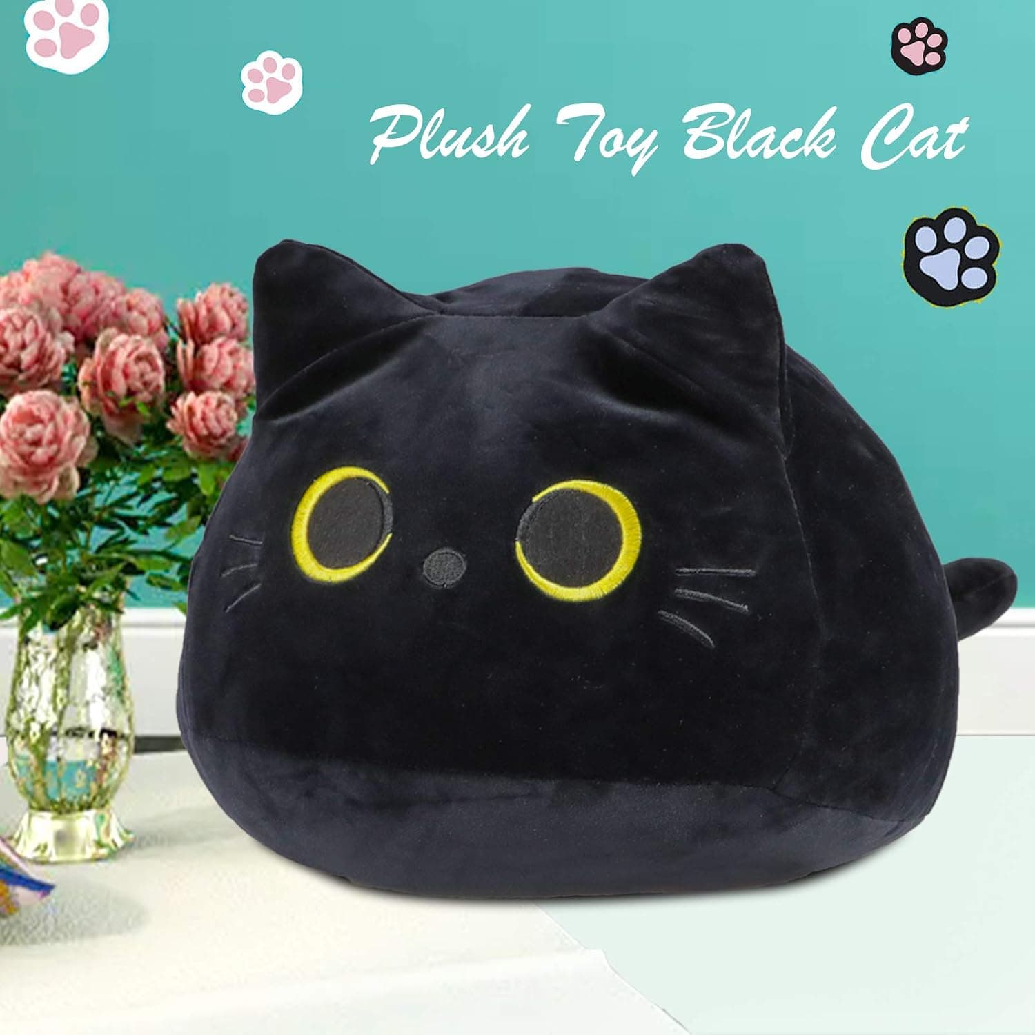 Aoolbic 3D Black Cat Plush Toy Pillow, Cute Animal Cat-Shaped Stuffed Pillow Cushion Great Gifts/Gifted for Birthday, Valentine's Day, Christmas to Give Girlfriend，Children and Kids (Black-L(11"))