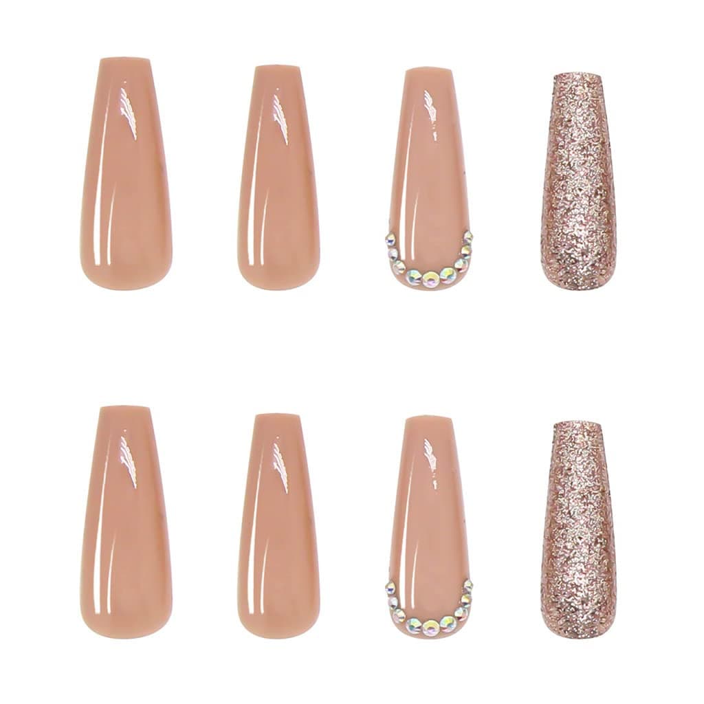 RikView Long Press on Nails Coffin Acrylic Nails Nude Fake Nails with Rhinestones Bling Nails