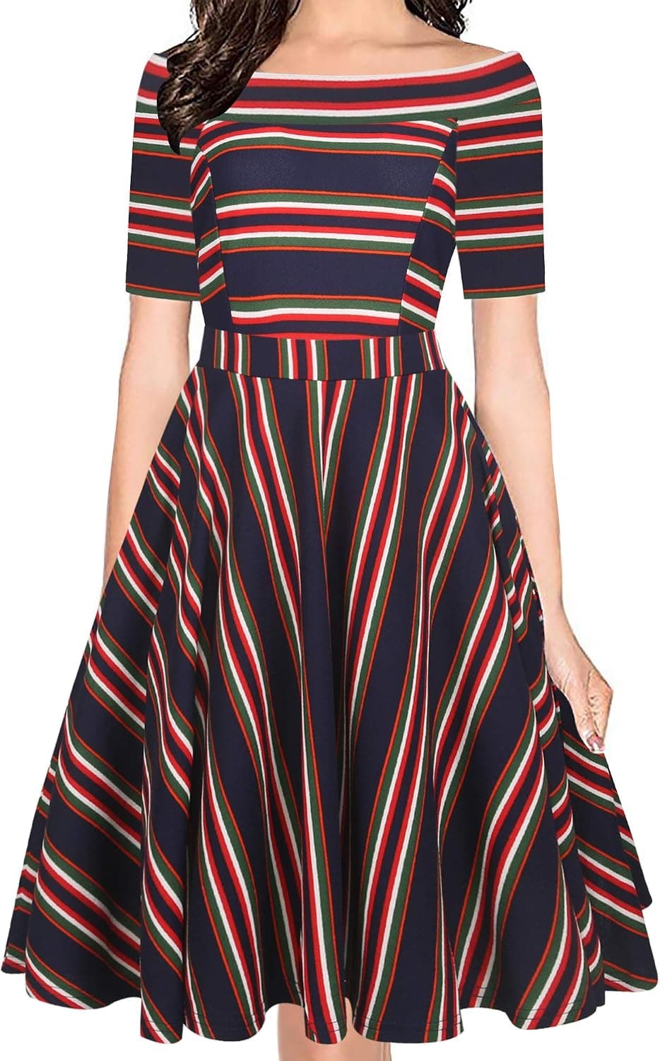 Naive Shine Women's Retro Off Shoulder Swing Patchwork Pockets Casual Party Dress