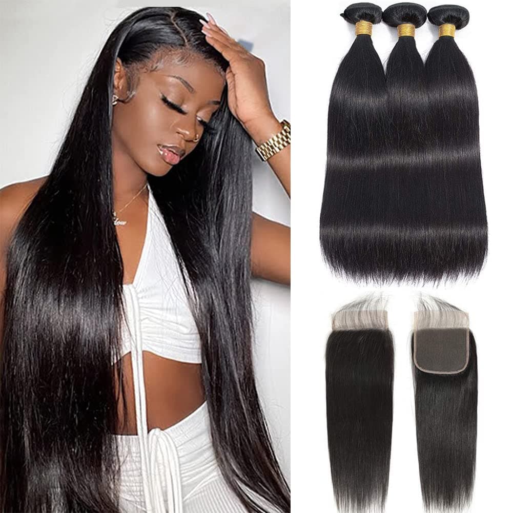 Straight Hair 3 Bundles With Closure Brazilian Human Hair Bundles With Closure 100% Unprocessed Virgin Straight Weave Human Hair 3 Bundles With 4*4 Closure Free Part (ST-182022+16closure, 3 bundles with closure)