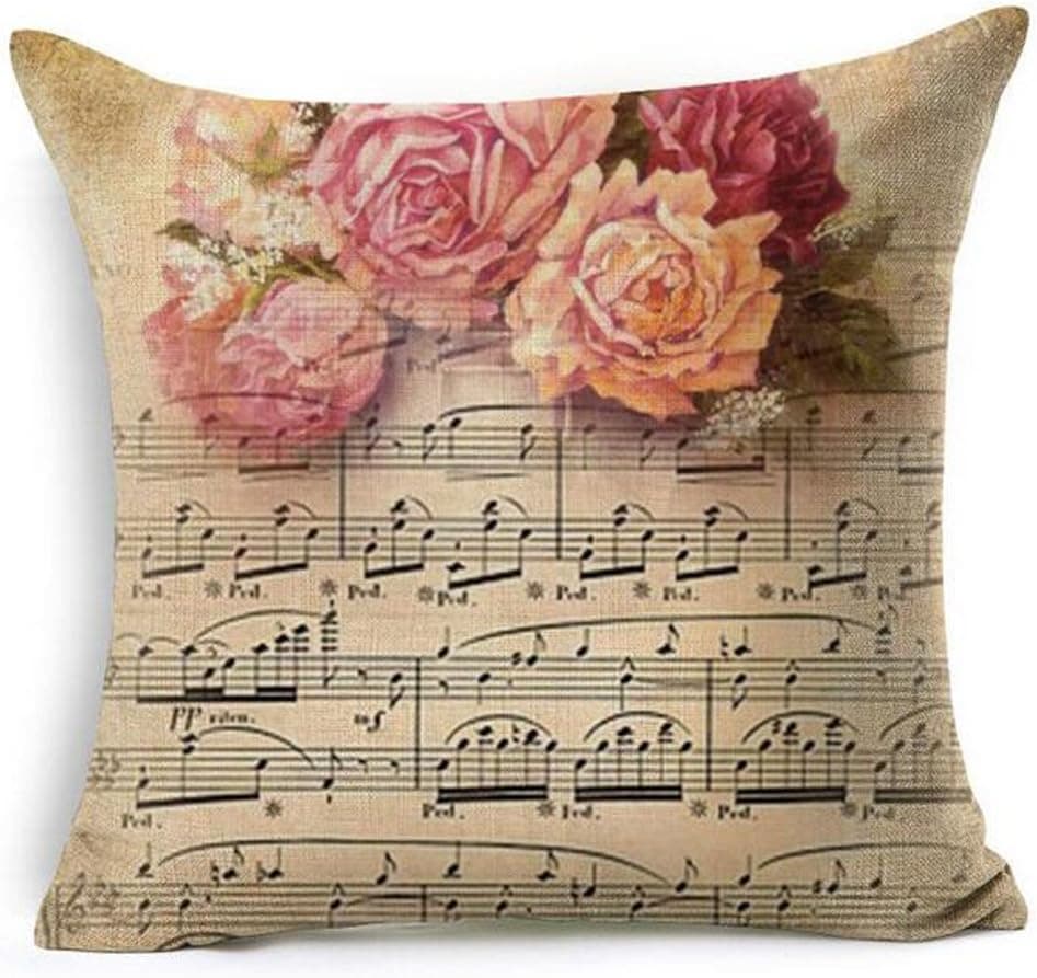 Andreannie Retro Shabby Sheet Music Beautiful Musical Notes Pink Rose Flowers Cotton Linen Throw Pillow Case Cushion Cover New Home Office Decorative Square 18 X 18 Inches for Music Club