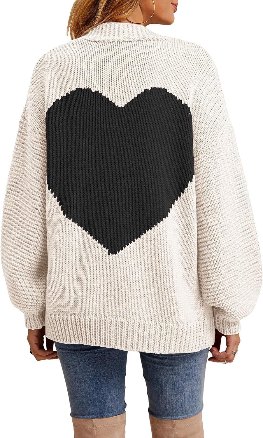 Nulibenna Women Knitted Heart Patch Open Front Long Sleeve Chunky Cardigan Sweater Loose Outerwear Coat
