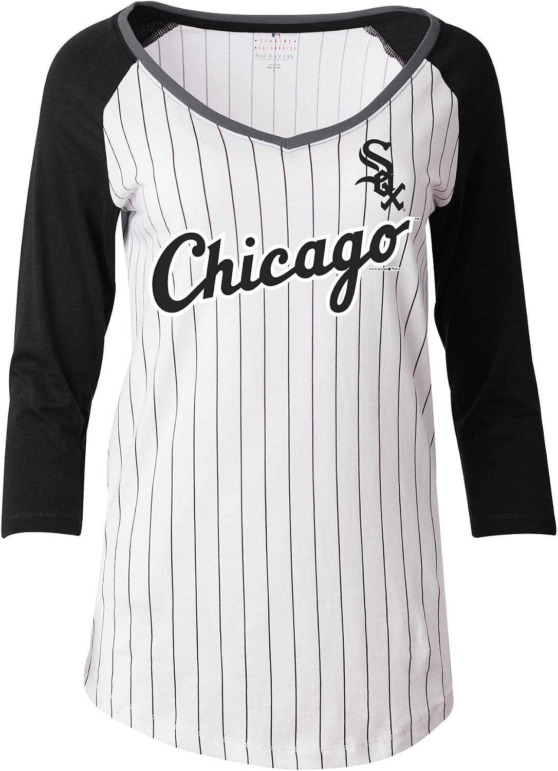 5th & Ocean Chicago White Sox Women's Pintstriped 3/4 Sleeve Jersey Style T-Shirt
