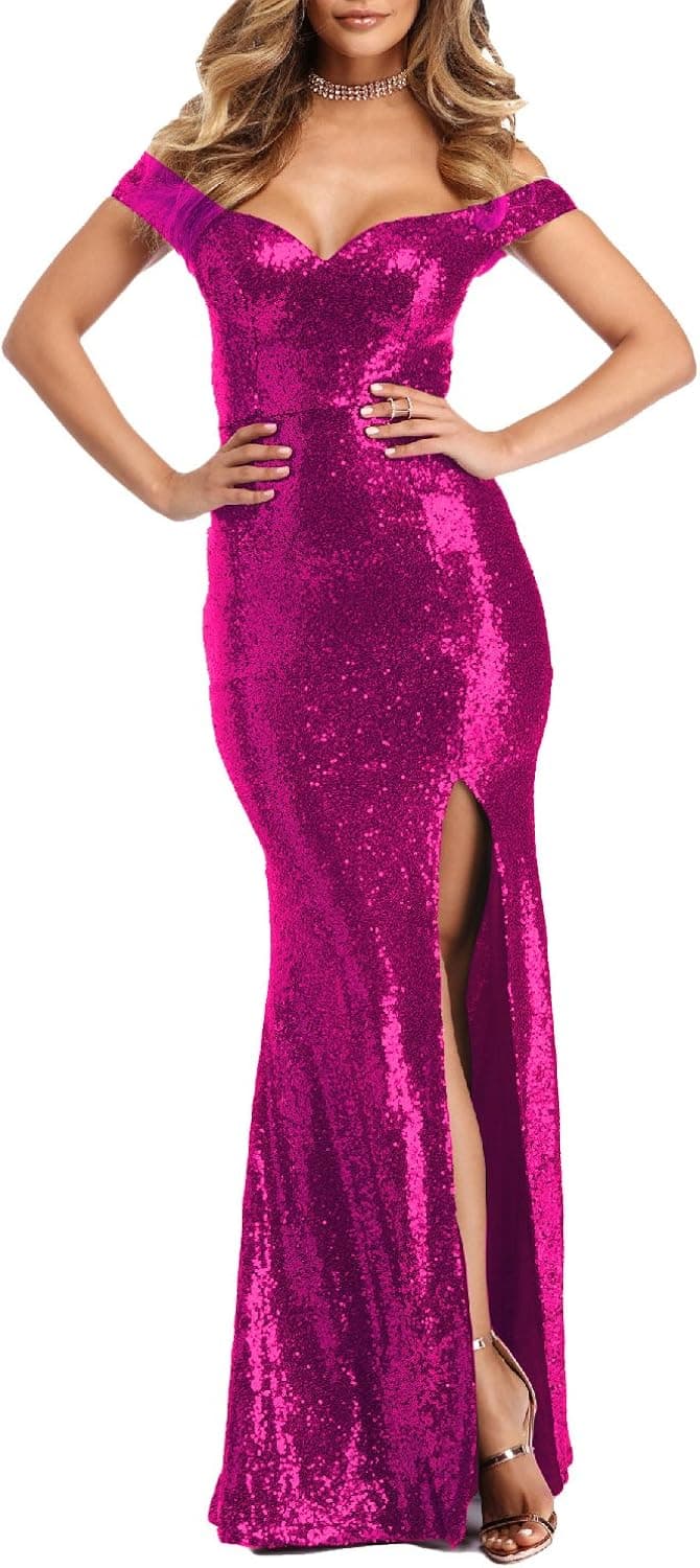 YSMei Women's Off Shoulder Sequins Evening Dress Split Mermaid Prom Gown Ypm464