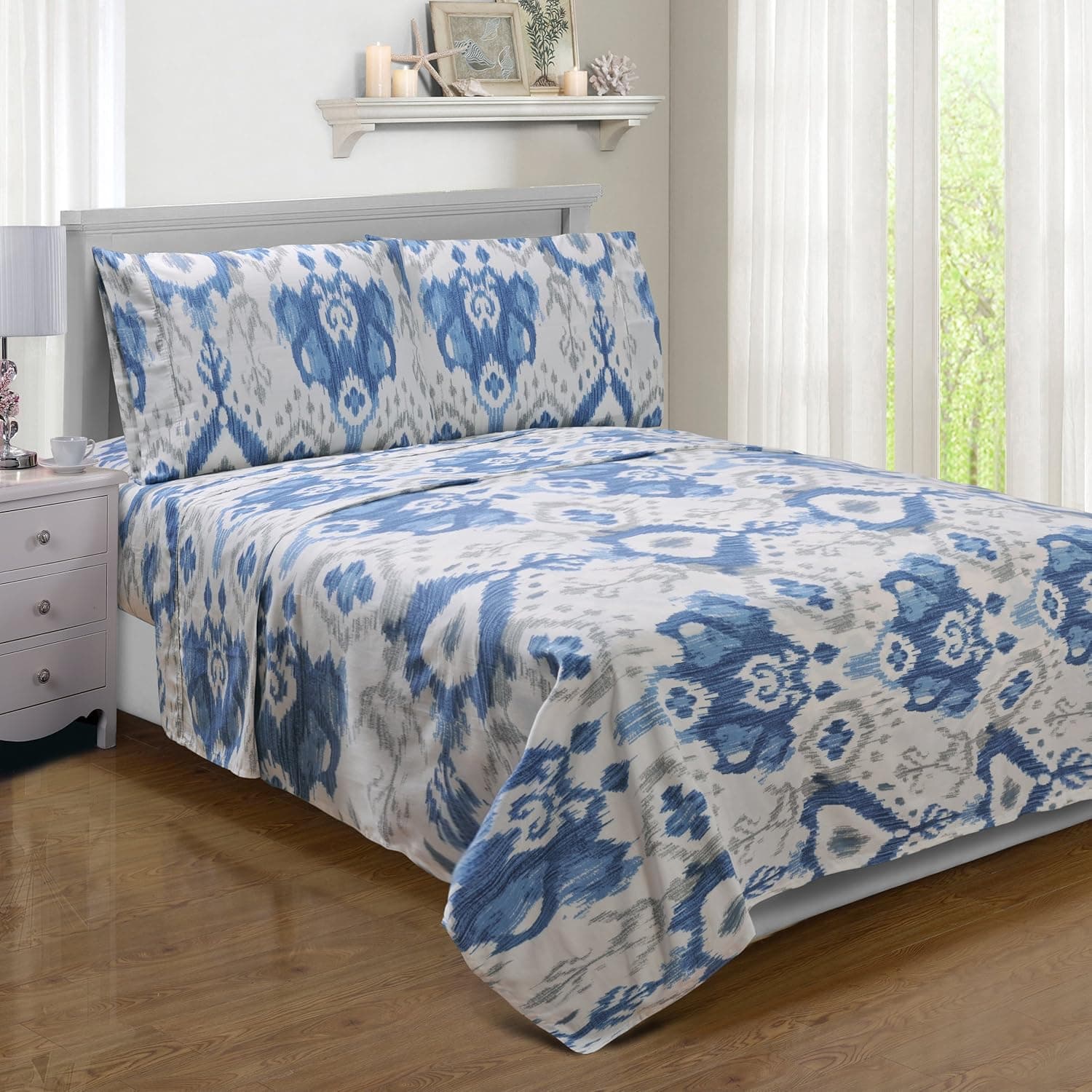 SUPERIOR 300 Thread Count Cotton Mountlake Print Sheet Set California King Blue