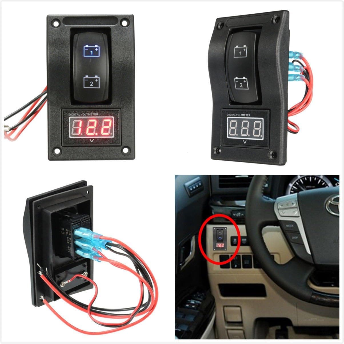 Ronben 12-24V LED Dual Battery Test Panel Rocker Switch Car Truck Marine Boat Voltmeter 4P ON-Off-ON