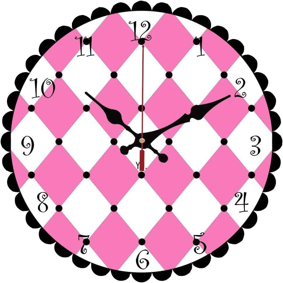 Yung Jo 12" Fashion Arabic Numbers ，Pink and White Diamond Blocks Pattern Design, Non-Ticking Silent Home Decoration Wooden Round Wall Clock (Pink Blocks)