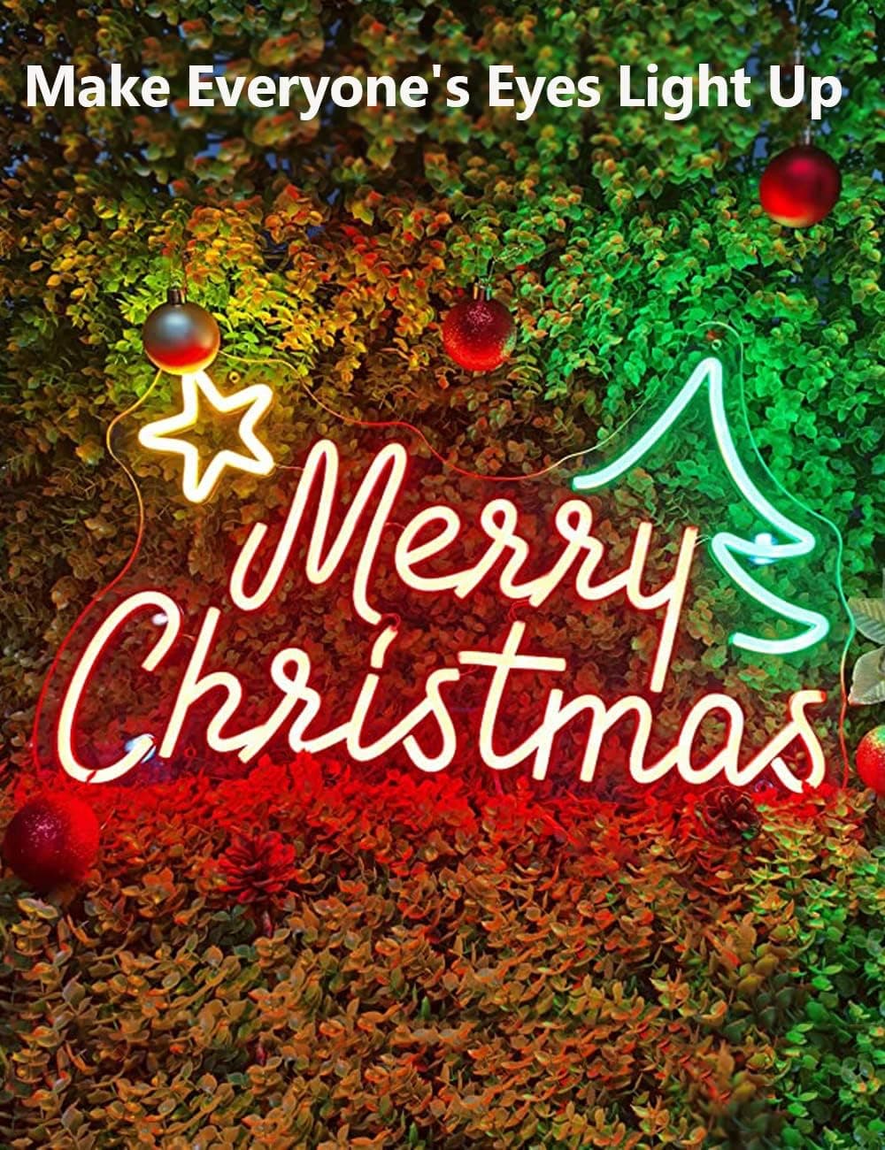 Merry Christmas Neon Sign - Hiwee Dimmable Christmas Neon Light Sign for Wall Decor Window 15.8''x 9.5'', USB Light Up Merry Christmas Sign with Star and Tree for Home Gift Party