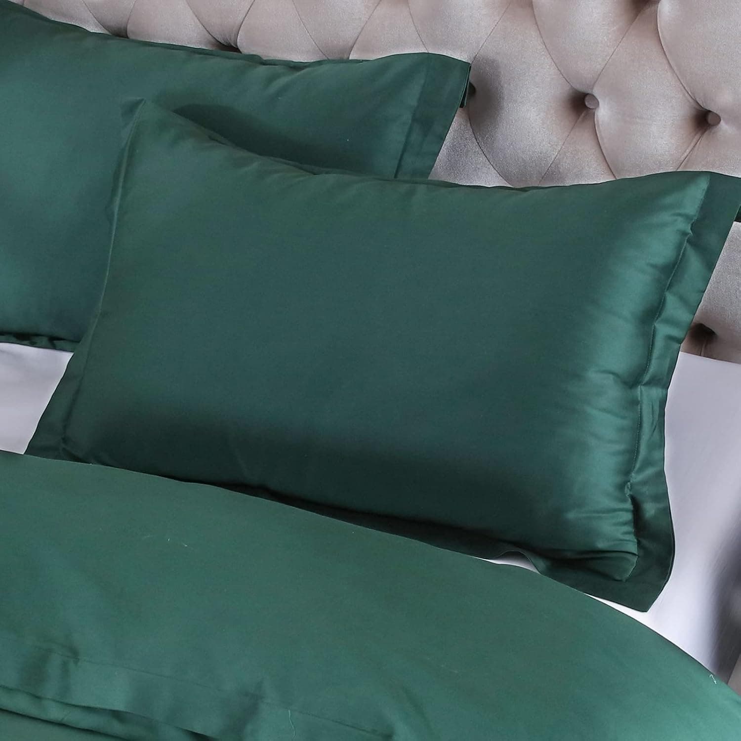 AIKOFUL 100% Cotton Pillowcase, 400TC Long Staple Sateen Pillow Sham with Envelope Closure, Soft and Breathable for All Season Use (2 Pack, Dark Green, Queen)