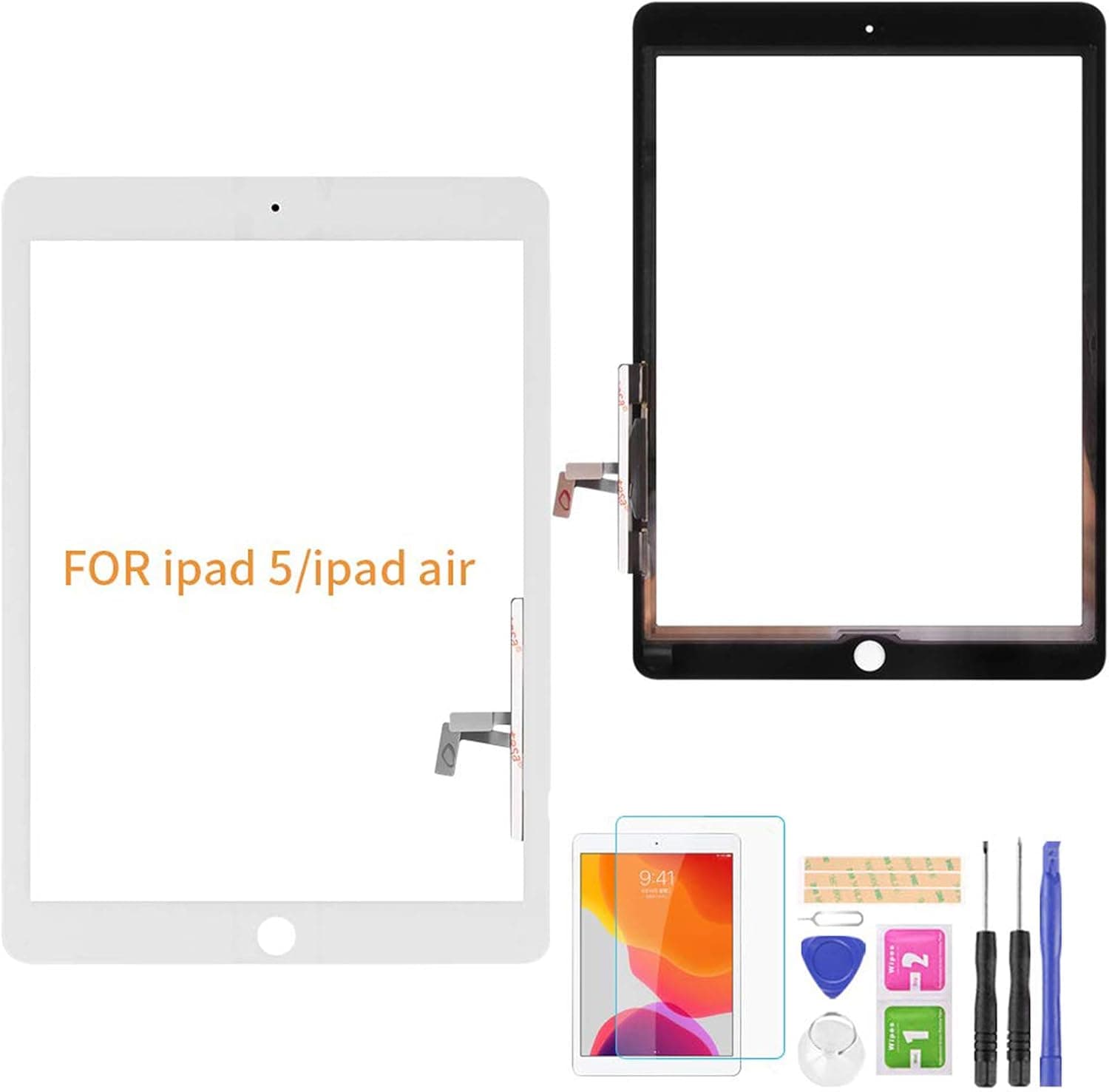 A-MIND for iPad 5 9.7" 2017 A1822 A1823/ iPad Air 1st A1474 A1475 A1476 Touch Screen Replacement Parts（ LCD not Include ，No Home Button） Front Glass Panel with Repair Kits & Screen Protector(White)