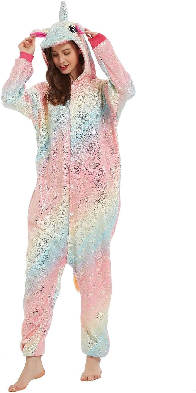 ABENCA Fleece Unicorn Onesie Pajamas for Women Adult Cartoon Animal Christmas Halloween Cosplay Onepiece Costume.Purple Shining.S
