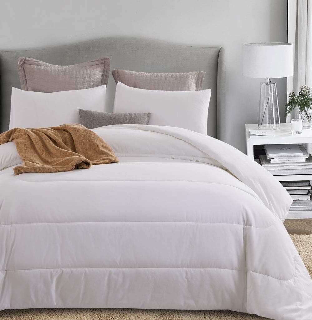 ATsense Comforter Set Queen, All Season 3-Piece 100% Cotton Fabric, Soft Microfiber Filled Bedding, Lightweight Reversible Duvet Insert (Solid White, CB)