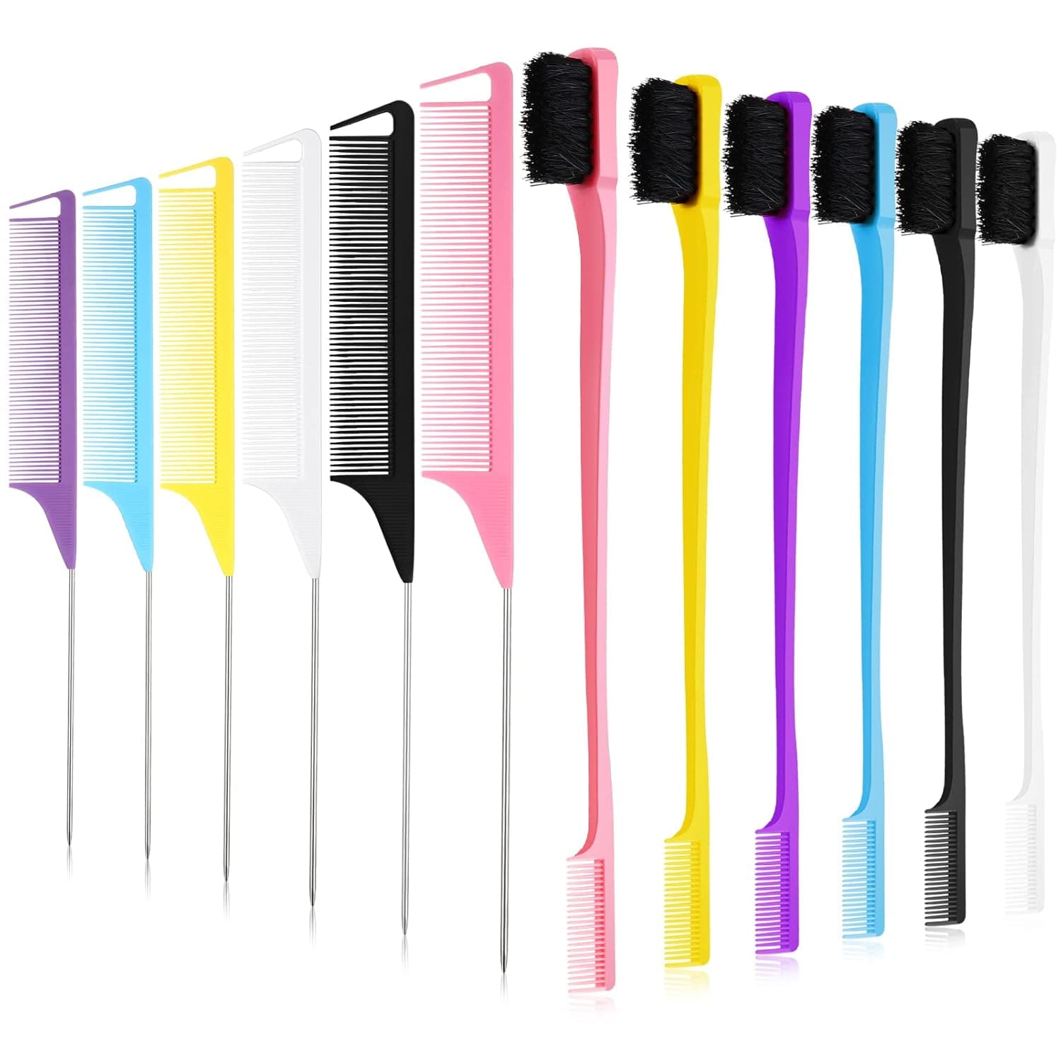 12 Pcs Hair Edge Brush with Rat Tail Comb Set Baby Hair Edge Control Hairline Brush Kit Double Sided Edge Brush Dual Edge Brush and Comb Stainless Steel Braiding Comb Parting Combs for Laying Hairs