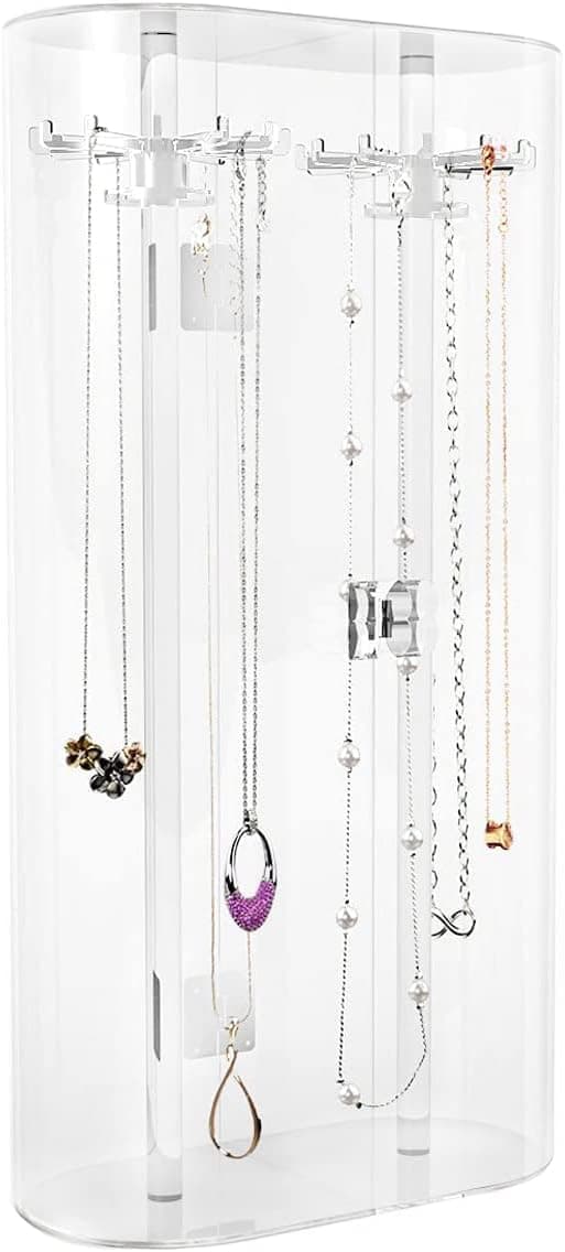 Spinning Tubular Acrylic Jewelry Storage Holder, Rotating Organizer - 24 Hooks for Dressing Table, Cosmetic Stations, Dresser, Bathroom Vanity Countertop - Holds Necklaces, Bracelets Clear