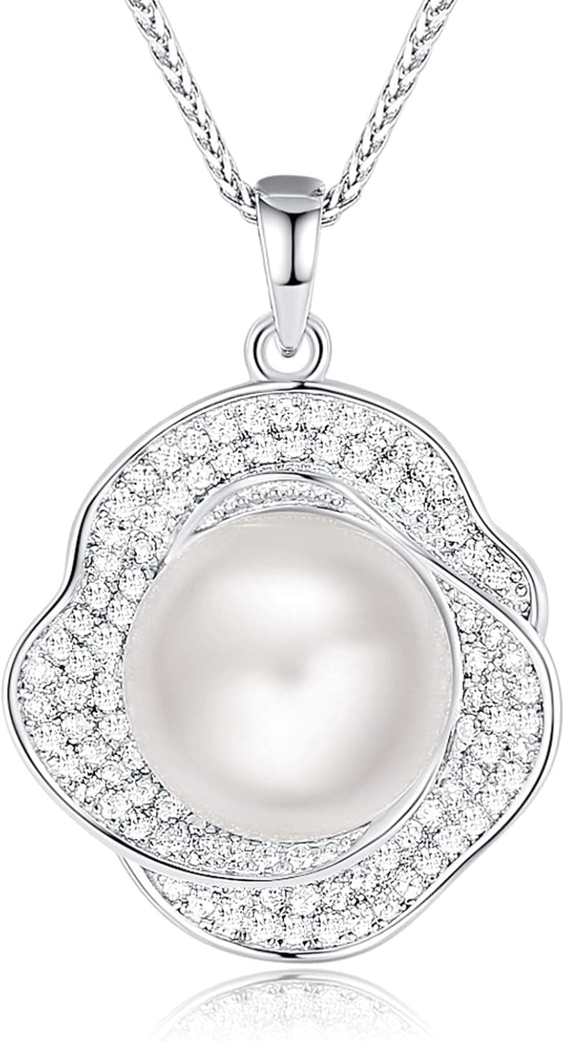 CDE Freshwater Pearl Pendant Necklace for Women Flower Necklace 925 Sterling Silver with Cubic Zirconia Jewelry Gift Christmas Jewelry Gift Birthday Gift for Mom Women Wife Girls Her