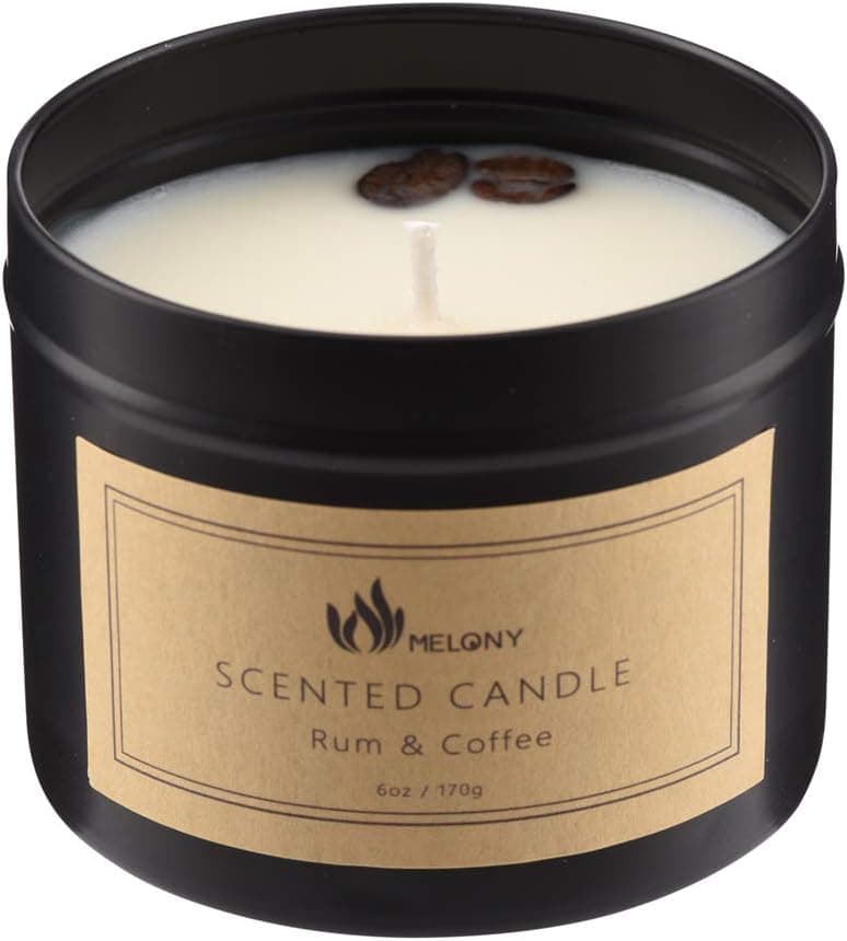 MELONY Candles- Natural Soy Candle for Home Scented- Rum & Coffee- Hand Poured Aromatherapy Candle in Black Jar, Highly Scented (Small, 6oz, 35Hrs)