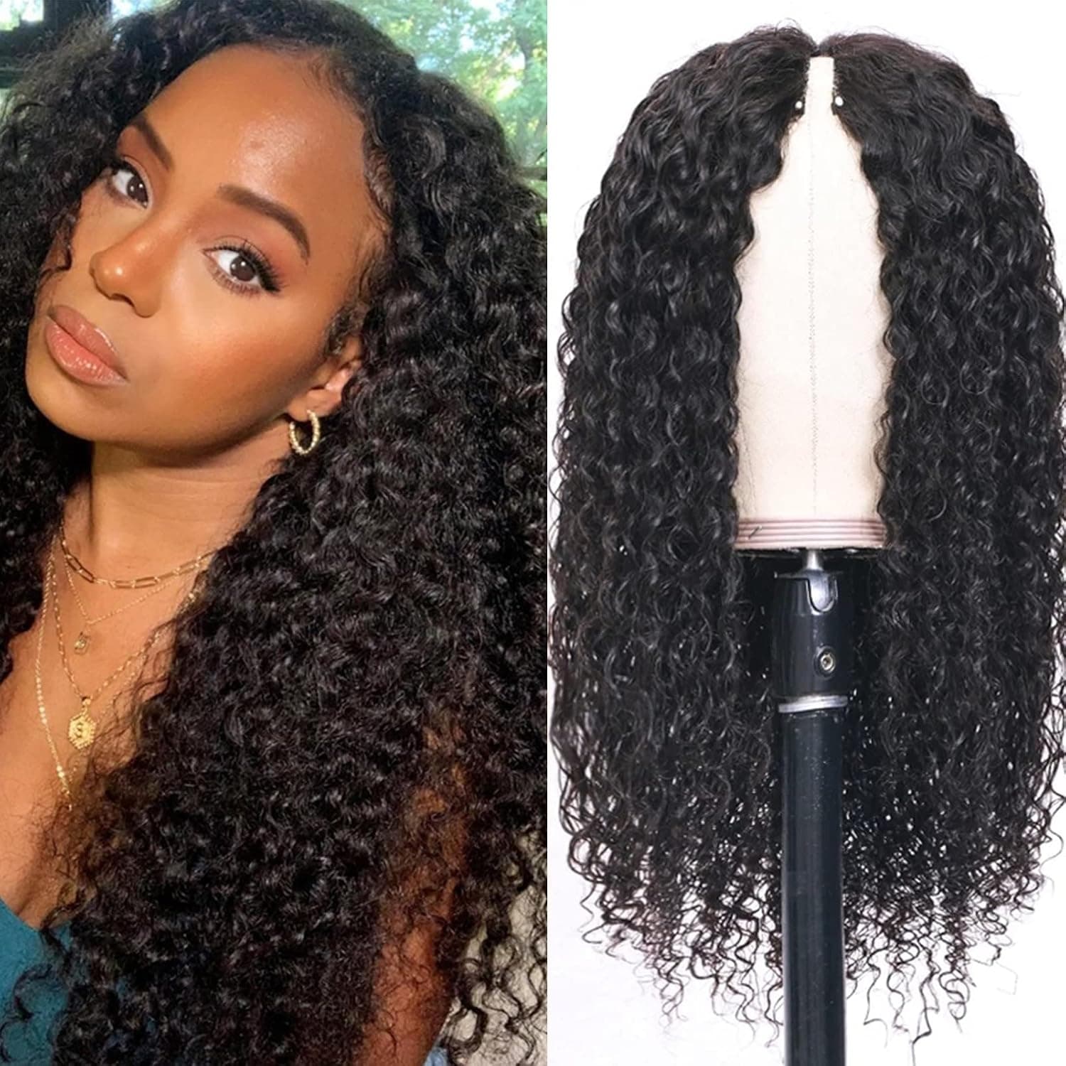 V Part Wig Human Hair Curly Minimal/No Leave Out Upgrade U Part Wig for Black Women Kinky Curly Glueless V Shape Wigs Thin Part Wig Beginner Friendly Brazilian Remy Human Hair V part Wigs 150% Density (1b#,16 inch)