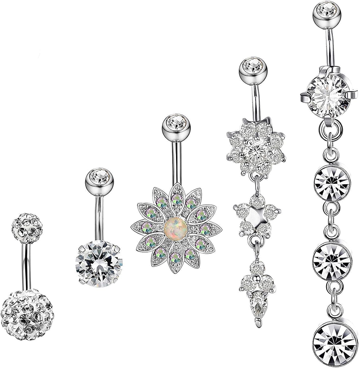 HANPABUM 6Pcs 14G Belly Button Rings for Women Navel Rings Piercing CZ Stainless Steel 6 Styles