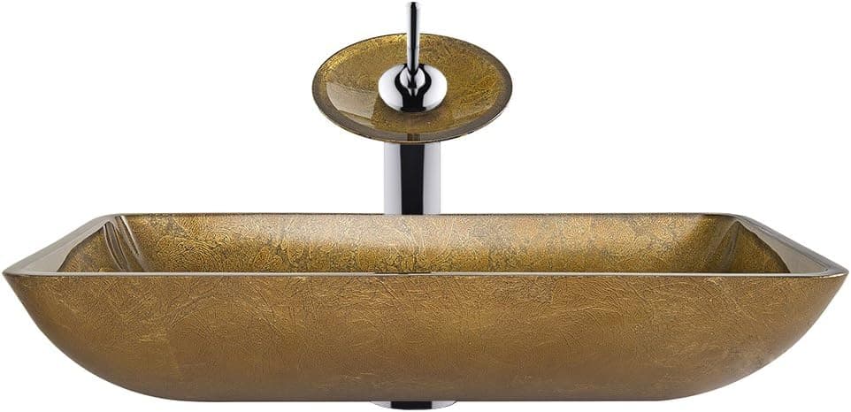 VIGO VGT009CHRCT 22.25" L -14.25" W -11.5" H Handmade Countertop Glass Rectangle Vessel Bathroom Sink Set in Copper Finish with Waterfall Chrome Single-Handle Single Hole Faucet and Pop Up Drain