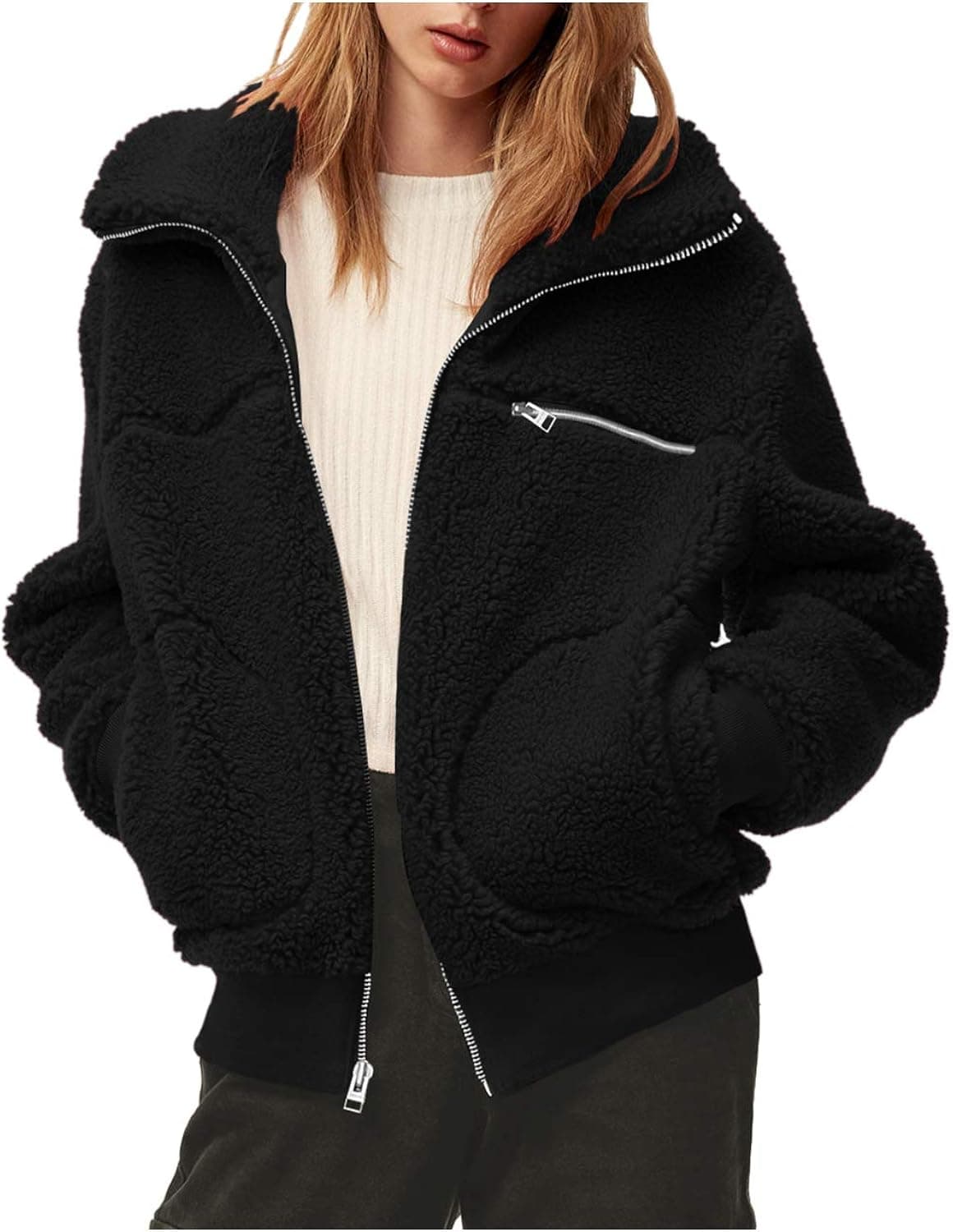 COCOLEGGINGS Women's Open Front Lapel Zipper Sherpa Faux Fur Jacket Fuzzy Coat