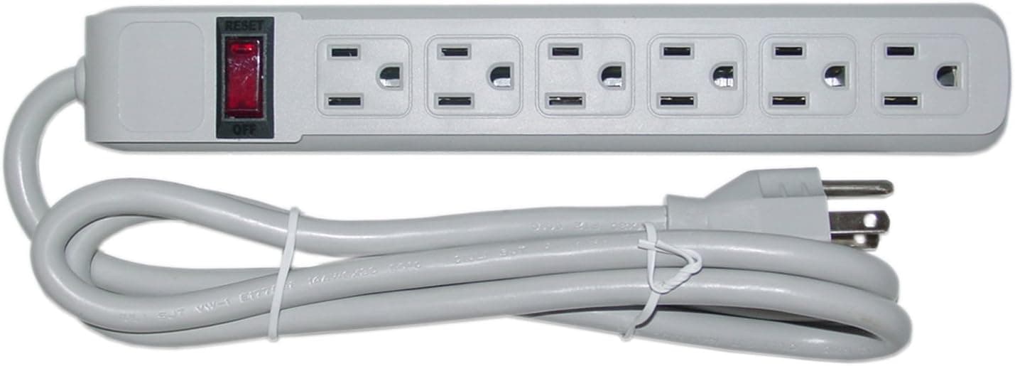 Power Strip, 6 Outlet, Plastic with 25 feet Cord, Horizontal Plug Orientation