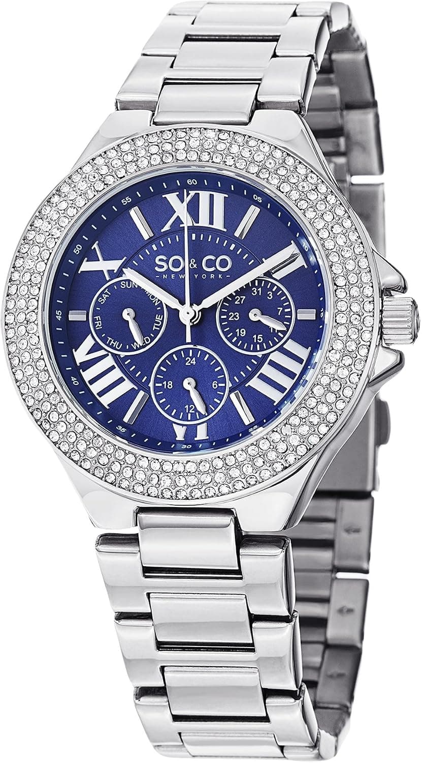 SO&CO New York Women's 5019.2 Madison Day and Date Crystal-Accented Stainless Steel Link Bracelet Watch