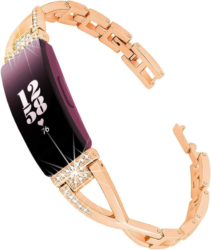 Dsytom Compatible with Fitbit Inspire HR Bands/Fitbit Inspire Band, Jewelry Inspire Band Women Metal Strap with Bling Stone Replacement for Fitbit Inspire/Inspire HR Smartwatch(Rose Gold)