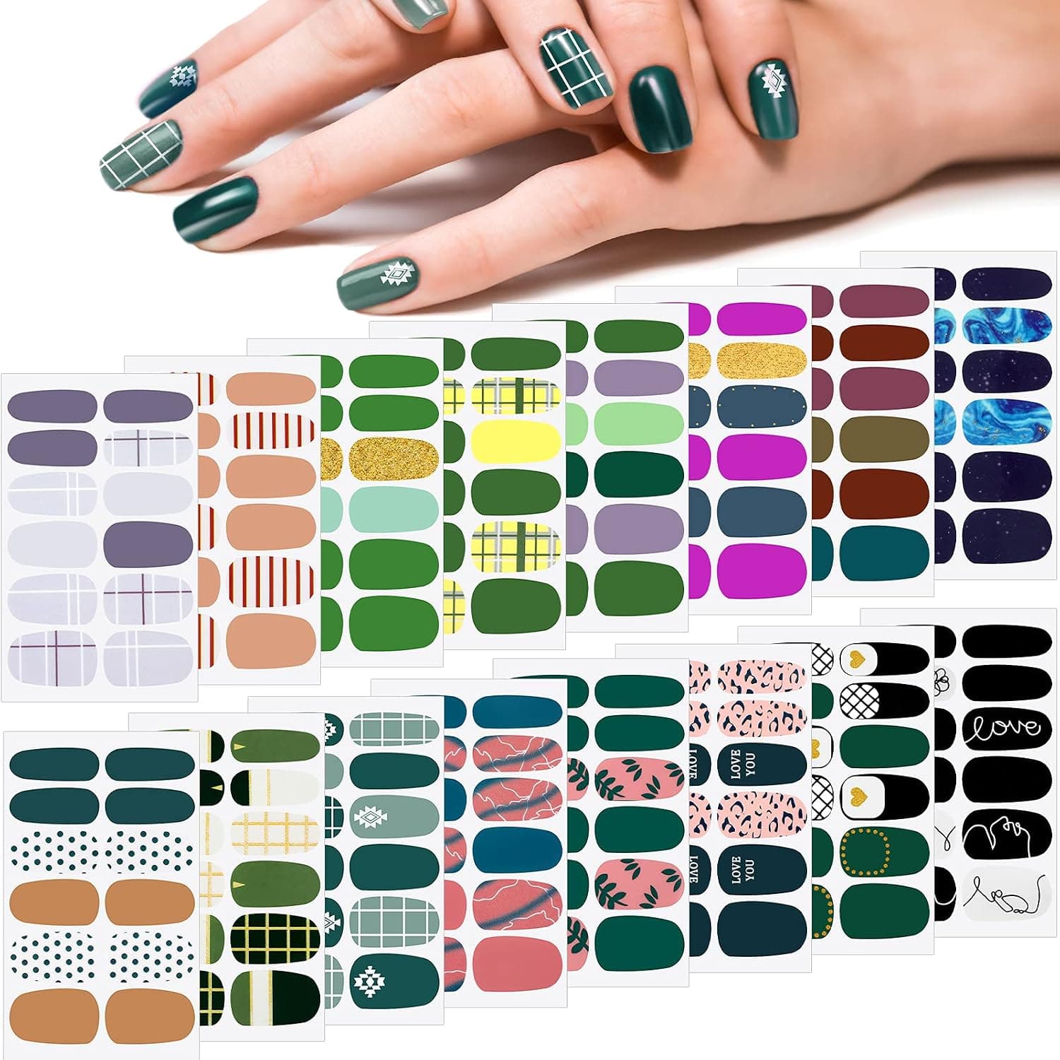 192 Pieces 16 Sheets Full Nail Wraps Polish Stickers Self-Adhesive Nails Manicure Decals Strips Nails Decoration Art for Women Girls