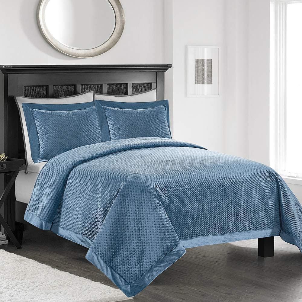 Simple&Opulence Velvet Lavish Design with Brushed Microfiber 3pcs Bedspreads Luxury Pattern Soft Solid Coverlet Set (Antique Blue, Twin)
