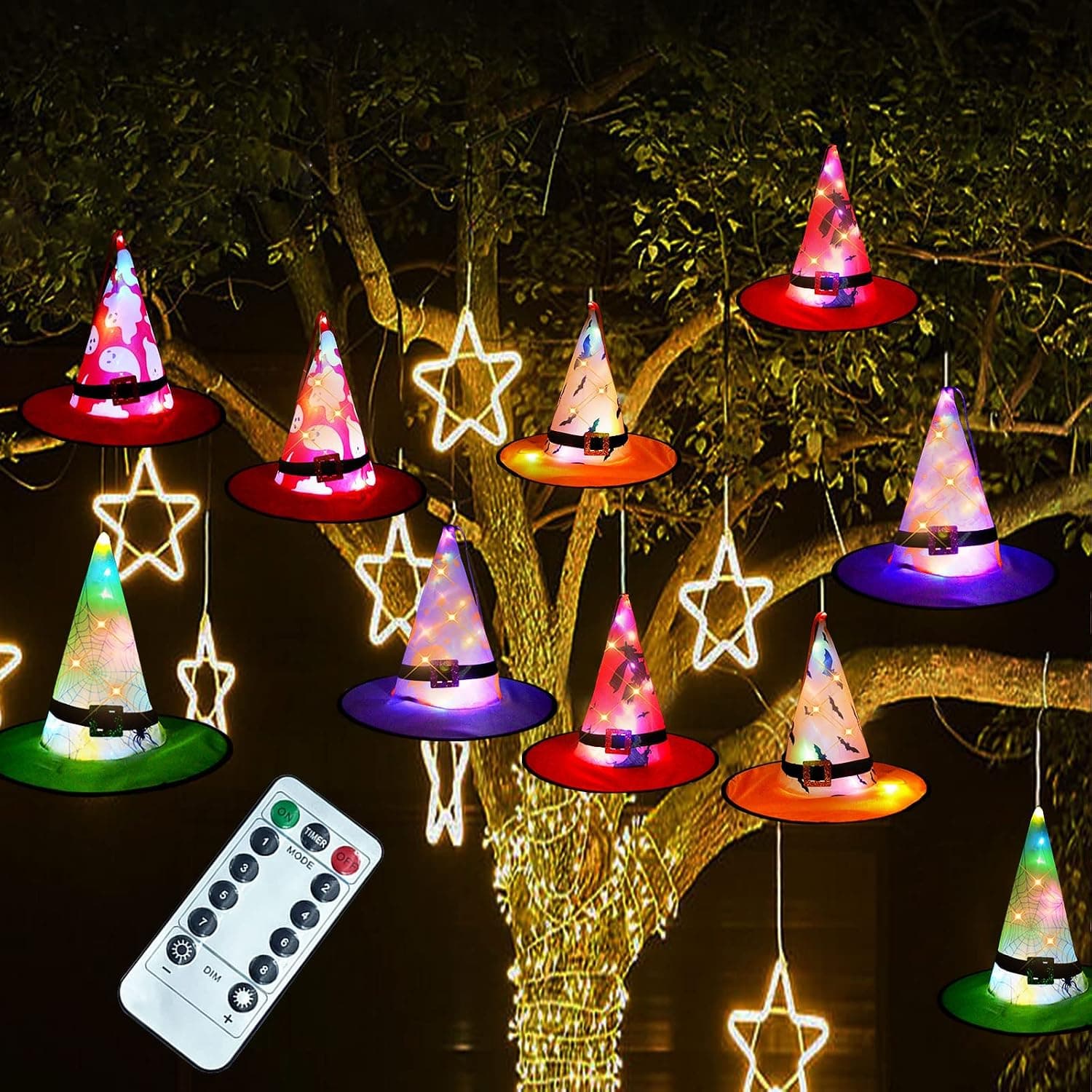 EYOUBE Halloween Decorations Outdoor 8PCS Witch Hats String Lights Halloween Hanging Glowing Witch Hat with 8 Lighting Modes Halloween Lights Outdoor for Yard, Garden, Tree (Type1)