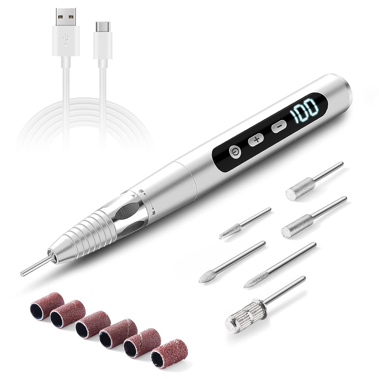 TIHONI Professional 30000RPM Cordless Electric Acrylic Nail Drill Rechargeable Portable E File Machine for Gel Nails Shape Carve Polish Manicure Pedicure with 6 Bits for Beginner and Salon (Silver)