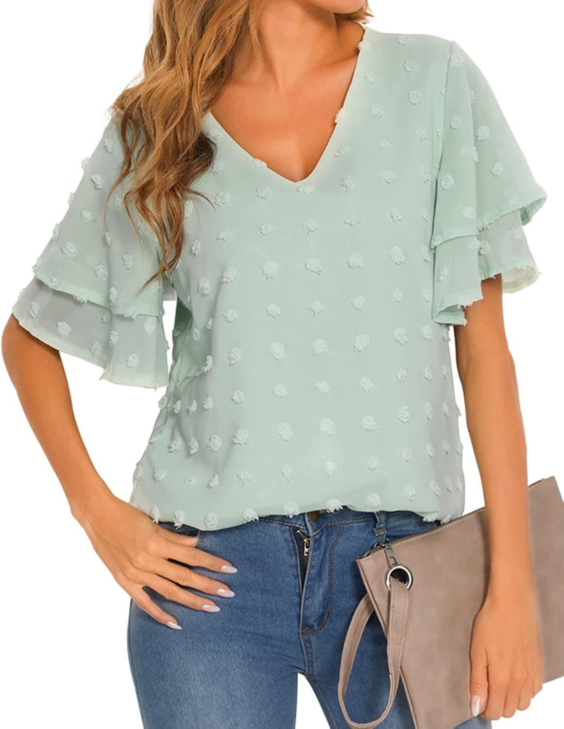 KEKE LILI Women's Swiss Dot Blouses Ruffle Short Sleeve Chiffon Pom Pom Casual Flowy Shirts Tops Green
