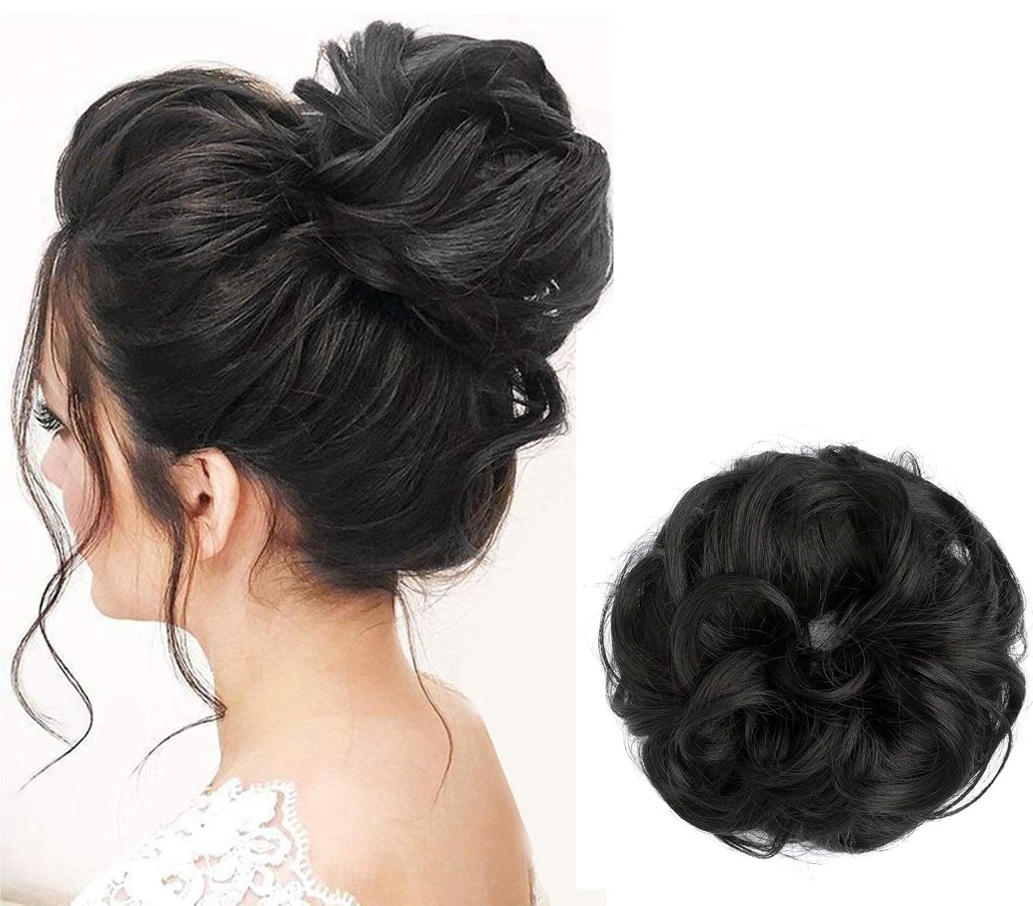 BaFaHo Messy Hair Bun Hair Scrunchies Extension Curly Wavy Messy Synthetic Chignon for Women Updo Hairpies.(Black Mix Little Brown)