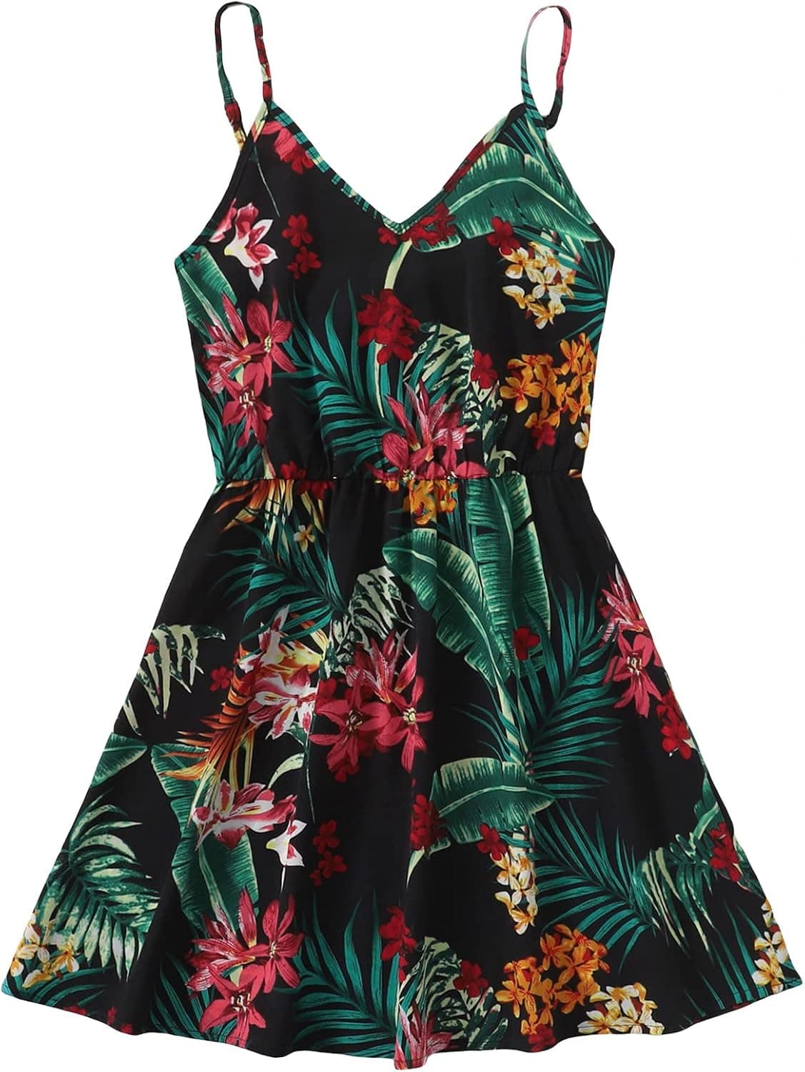 WDIRARA Women's Floral Print V Neck Wrap Flared Cami Flowy Dress Sleeveless Summer Short Dresses