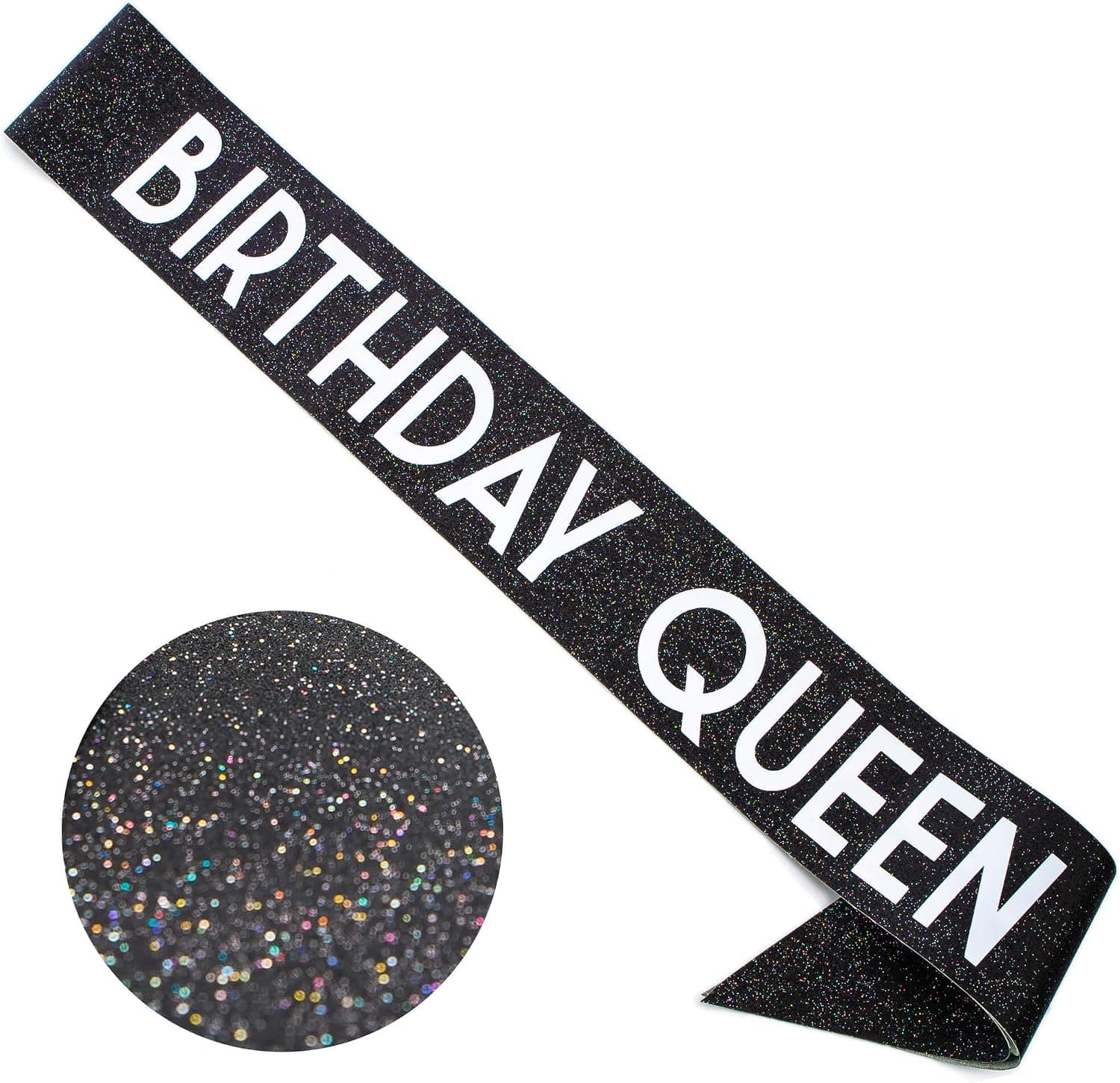 CORRURE 'Birthday Queen' Sash Glitter with Metallic White Foil - Black Glitter Birthday Sash for Women - Happy Birthday Sash for Girls, Sweet 16, 18th 21st 25th 30th 40th 50th or Any Other Bday Party