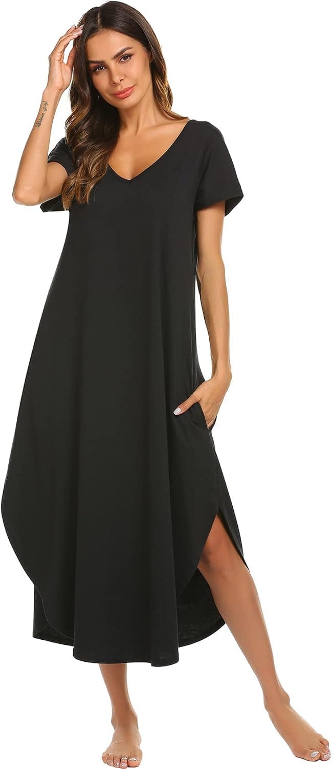 Ekouaer Nightgowns for Women V Neck Nightshirts Short Sleeve Soft Sleepwear Side Split Pockets Long Nightdress S-3XL