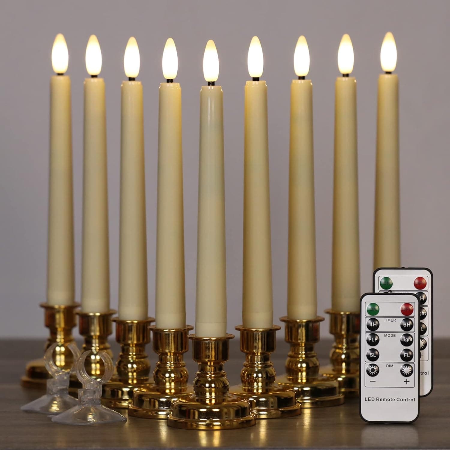OWLBAY 9 Pack 3D Wick Flameless Window Candles with Remote & Timer, 8”H Ivory Battery Operated LED Taper Candles, Warm White Flame Flickering Light, Ideal for Tabletop/Christmas/Wedding/Party Decor