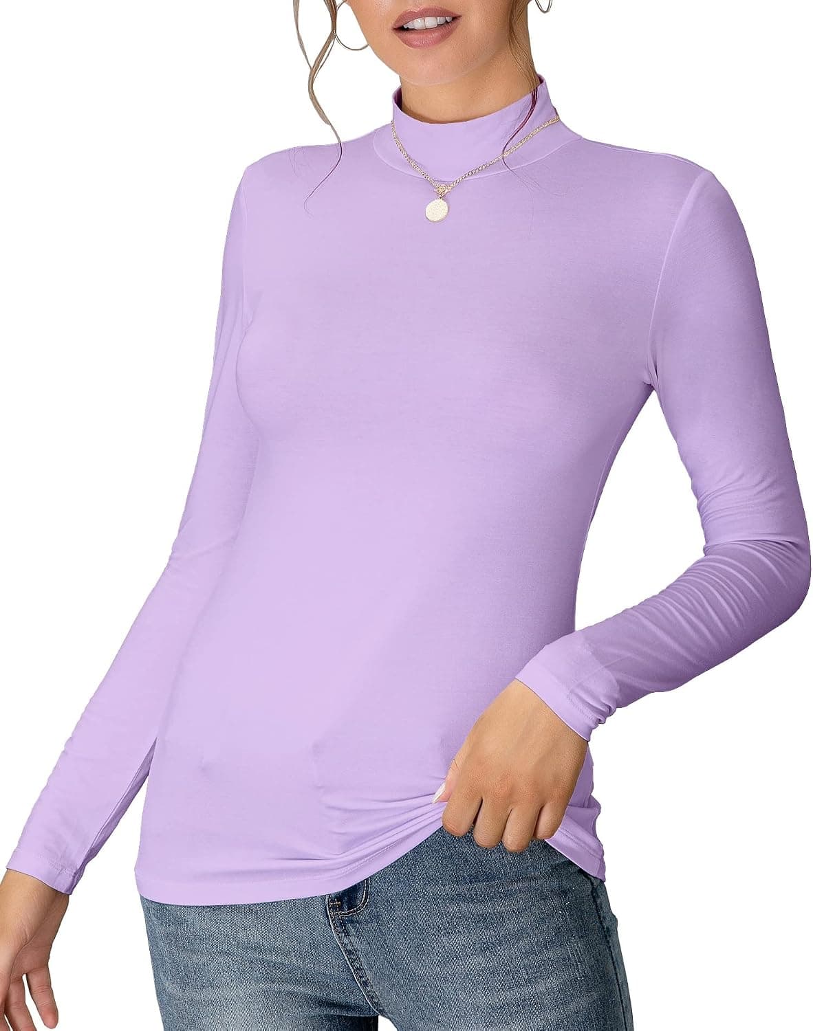 MANGDIUP Women's Mock Turtle Neck Long Sleeve Sleeveless Pullover Tops Slim Fit Basic Lightweight Soft T-Shirts
