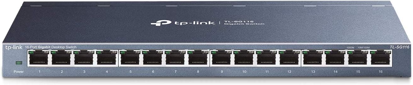TP-Link 16 Port Gigabit Ethernet Network Switch, Desktop/ Wall-Mount, Fanless, Sturdy Metal w/ Shielded Ports, Traffic Optimization, Unmanaged, Limited Lifetime Protection (TL-SG116) Black