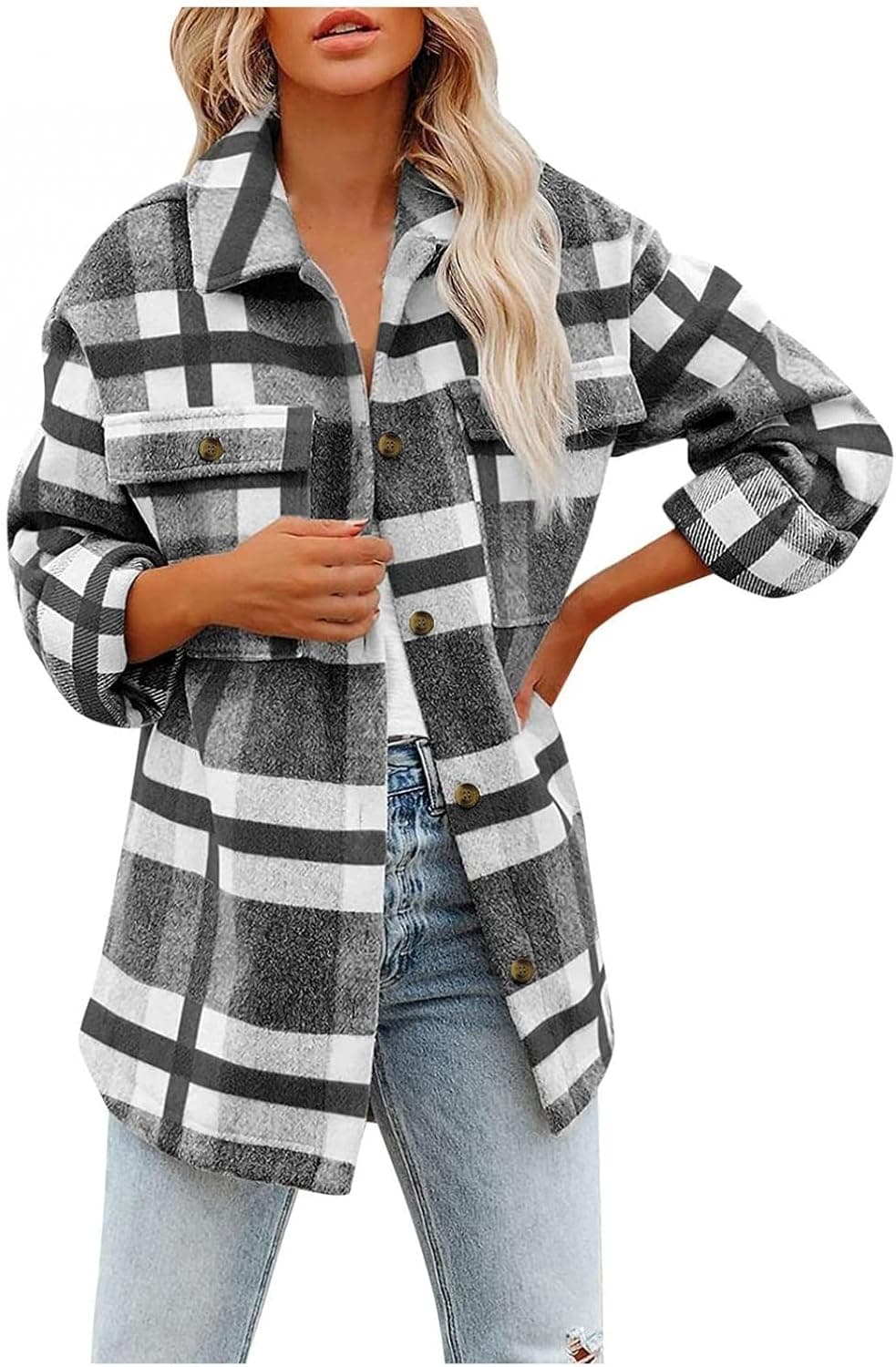 Fall Clothes for Women 2022, Women's Flannel Plaid Long Sleeve Button Down Shirts Jacket Coats Shacket