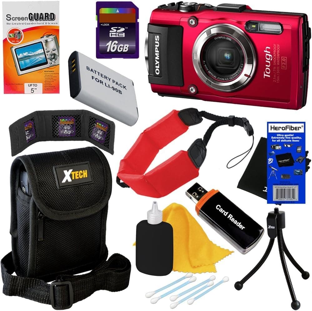 Olympus Stylus Tough TG-3 Waterproof & Shockproof 16 MP Wi-Fi Digital Camera with 4x Optical Zoom and Full HD 1080p Video (Red) + LI-90B/92B Battery + 9pc Bundle 16GB Accessory Kit w/ HeroFiber® Ultra Gentle Cleaning Cloth